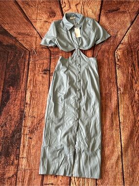 NEW Reverof Baby Blue Faux Leather Cutout Midi Length Dress  Short Sleeve Size S